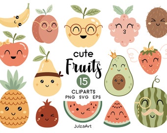 Fruit svg, Cute Fruit clipart, Kawaii fruit png, Tropical fruits, Summer clipart, Boho nursety prints, Digital download, Commercial use