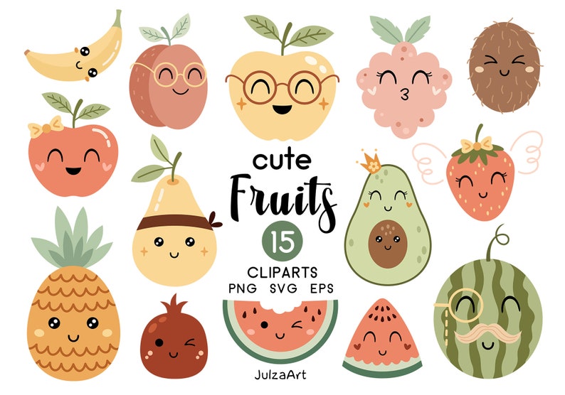 May include: A set of 15 cute fruit illustrations with cartoon faces. The fruits include a banana, apple, peach, pear, pineapple, pomegranate, watermelon, avocado, strawberry, and raspberry. The text "cute fruits 15 clipart png svg eps" is included in the image.
