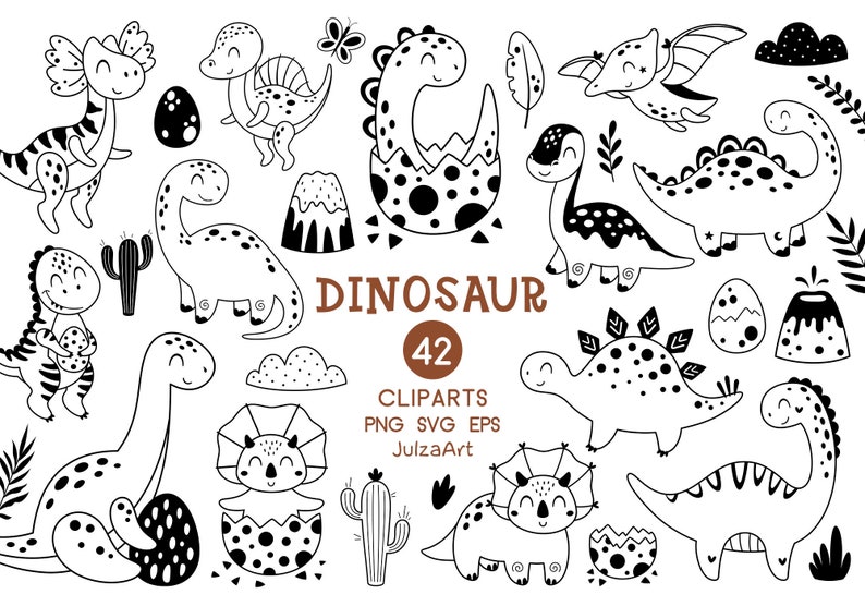 May include: A set of 42 black and white dinosaur clip art illustrations. The illustrations include various dinosaurs, eggs, plants, and a volcano. The text "Dinosaur 42 Cliparts PNG SVG EPS JulzaArt" is included in the image.