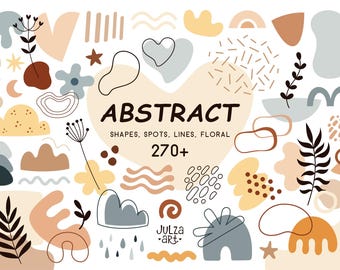 Peut inclure: Composition abstraite avec des formes, des points, des lignes et des éléments floraux dans des tons beige, marron et bleu. Le mot "ABSTRACT" est mis en évidence, avec le texte "270+".