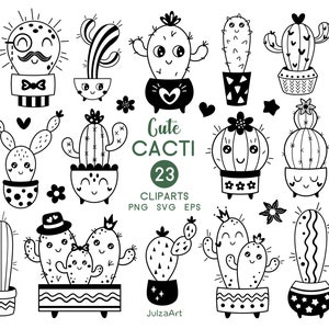 Svg cactus, clipart cactus mignon, cactus noir et blanc png, sticker cactus, clipart plante, doodle cactus, téléchargement numérique, usage commercial