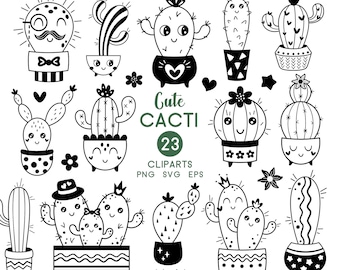 Cactus svg, Cute cactus clipart, Black and white cactus png, Cactus sticker, Plant clipart, Cactus doodle, Digital download, Commercial use