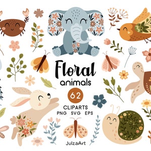 Floral Tier Clipart, süße Tiere svg, Blumen svg, Frühlings Clipart, Boho Blumen svg, Schmetterling png, digitaler Download, kommerzielle Nutzung