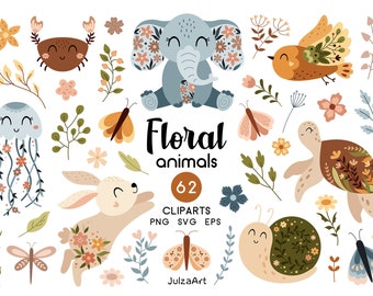 Floral animal clipart, Cute animals svg, Flowers svg, Spring clipart, Boho floral svg, Butterfly png, Digital download, Commercial use
