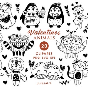 Animal Valentines clipart, Valentines day svg, Black and white animal svg, Love png, Valentines for kids, Digital download, Commercial use