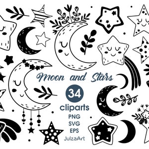 Luna svg, Stella svg, Celeste svg, Luna scandinava in bianco e nero e clipart di stelle, Sogni d'oro, Download digitale, Uso commerciale