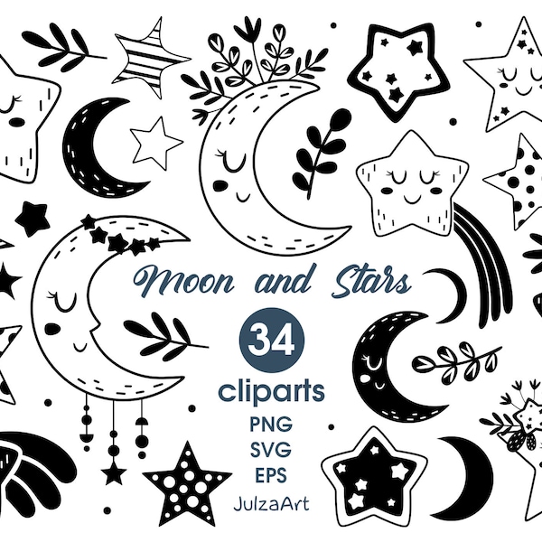 Moon svg, Star svg, Celestial svg, Black and white Scandinavian Moon and star clipart, Sweet dreams, Digital download, Commercial Use