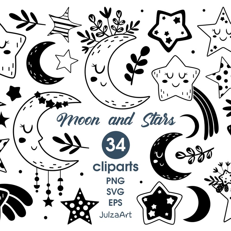 Black and White Moon Clipart - Etsy