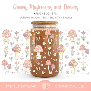 Enveloppe de verre Libbey aux champignons groovy rétro 16 oz PNG, design d'emballage de tasse à café glacé aux champignons cottagecore printemps-été, Wrap Libby fleur SVG