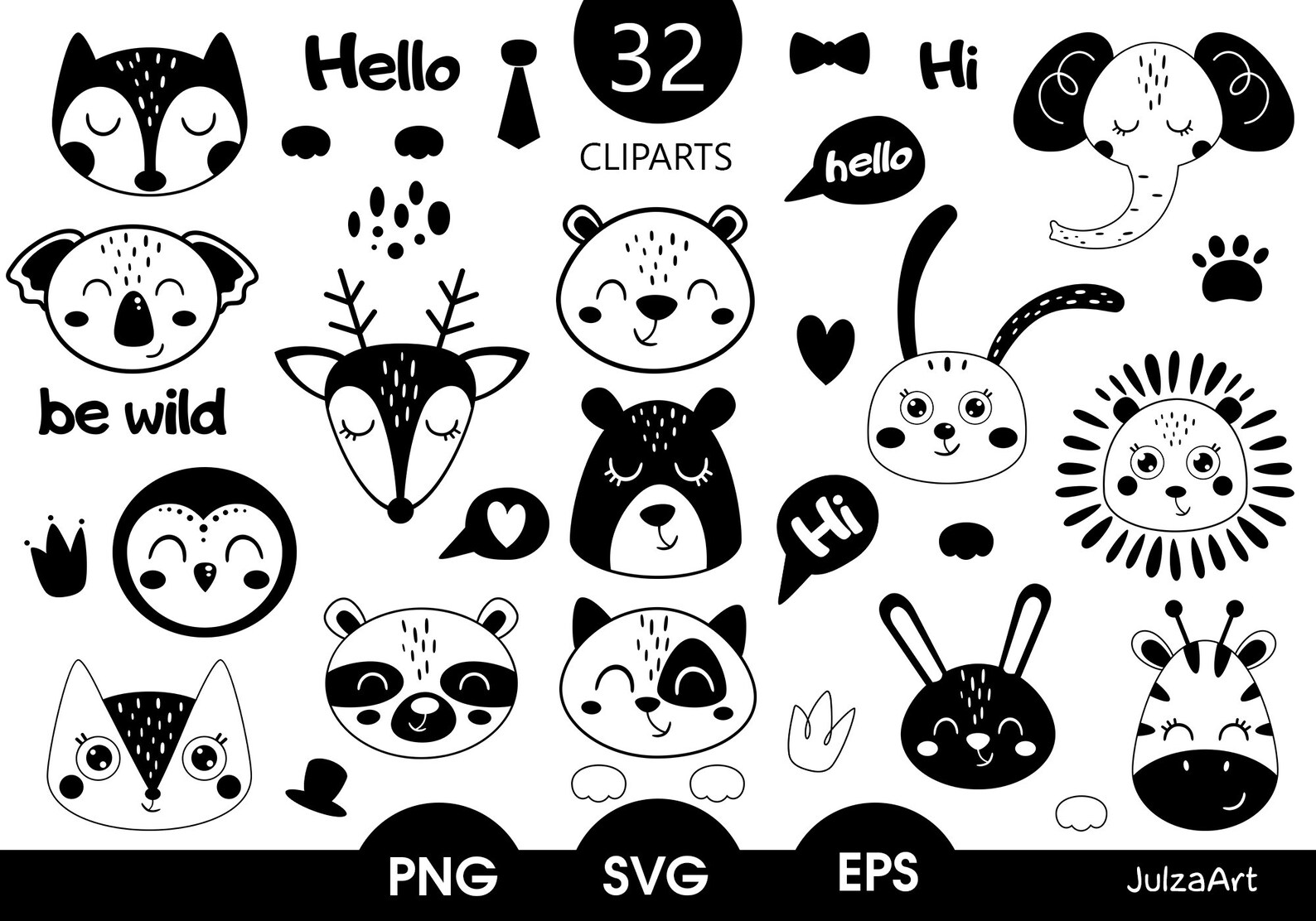 Animal faces svg Cute animals svg png Black and white Etsy