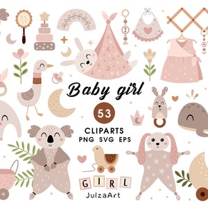 Neugeborenen Baby Mädchen Clipart, Babyparty, Boho Baby Geburtstag, moderne Kindergarten Kinder Clip Art, digitaler Download, kommerzielle Nutzung