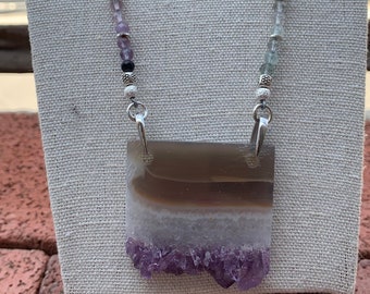 Smoky Quartz White and Purple Amethyst Stalctite Druzy Pendant Necklace