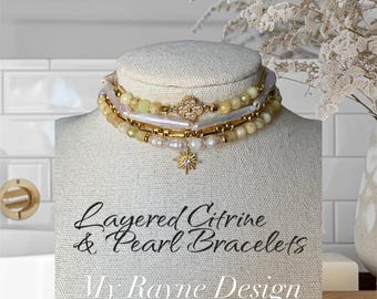 Layered genuine Citrine and Pearl bracelets