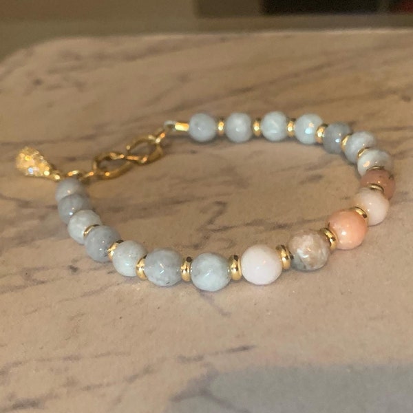 Pink Raw Opal, Gray Jade, and 14kGold pave teardrop charm and spacer bracelet.