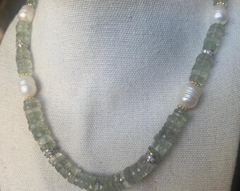 AAA Green Amethyst and Freshwater Pearl Pendant Necklace