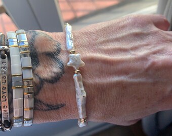 Freshwater Stick Pearl Bracelet: Gold Filled Star Bead