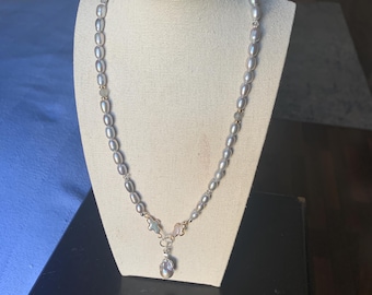 Gray Pearl Necklace: Baroque Pendant, Labradorite & Mystic Topaz - 20"