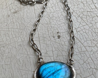 SOLD Blue Flash large Labradorite sterling silver frame pendant necklace