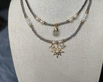 Smoky Quartz and Pearl Stacked Necklace