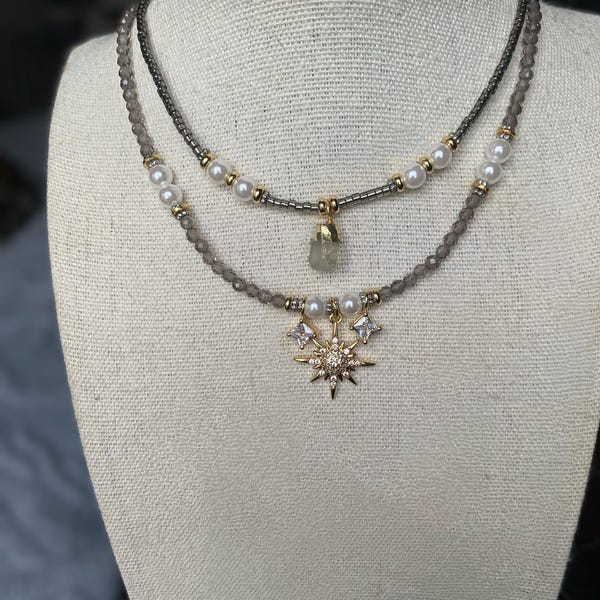 Smoky Quartz and Pearl Stacked Necklace