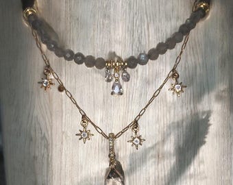 Labradorite and Gold stackable embellished Necklaces
