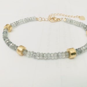 Mystic Blue Topaz and gold barrel beaded bracelet