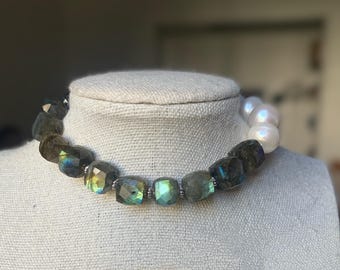 Flash Labradorite and White Freshwater Pearl bracelet