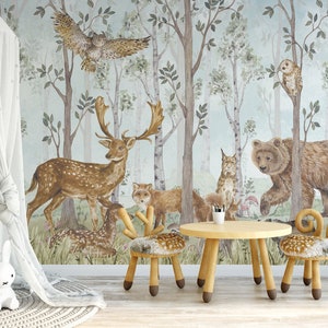 Wild Forest Friends Wallpaper, Kids Wallpaper, Soft Forest Wall Mural, Wild Forest Animals, Hand Made Watercolors.