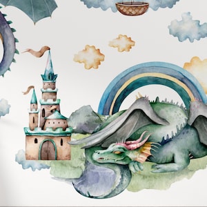 May include: A watercolour illustration of a green dragon with wings sleeping under a rainbow. A brown castle with green towers and a blue flag is in the background.