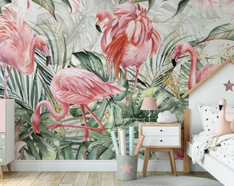 Papier peint flamant rose, papier peint pour enfant, thème tropical, feuilles tropicales, aquarelle peinte à la main, thème Boho, grand sticker mural floral