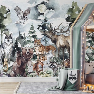 CARTA DA PARATI FOREST TIME, Carta da parati per bambini, Animali selvatici, Murale da parete morbido della foresta, Carta da parati dell'albero, Foresta dipinta a mano con acquerello