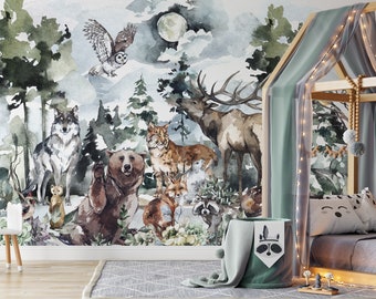 FOREST TIME WALLPAPER, Wallpaper For Kids, Wild Animals, Soft Forest Wall Mural, Tree Wallpaper, Hand Painted Watercolor Forest