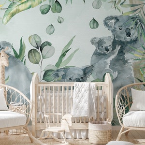 Koala Forest Wallpaper, Cute Resting Koalas, Floral Wallpaper, Jungle Tropical Animals, Australian Animals, Watercolor.