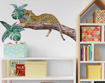 Sticker For Kid's, Leopard Wall Sticker, Leopard Wall Decal, Kid's Room Decor, Nursery Decal, Gift For Kid's, Tropical Leaf Wall Sticker