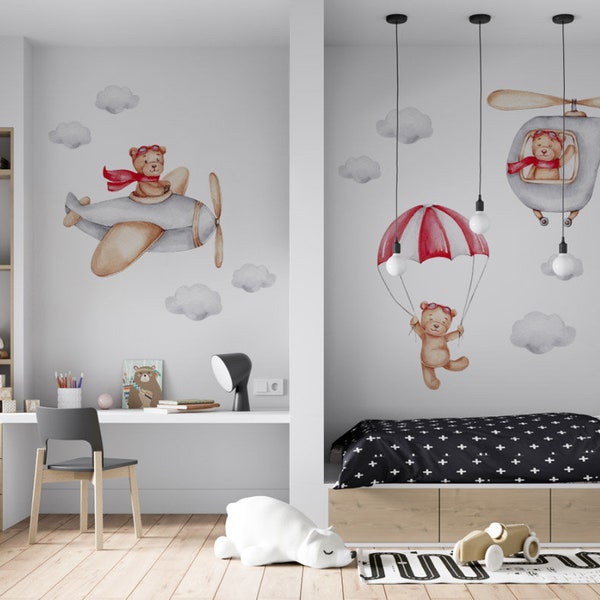Teddy Bear Nursery Wall Decal • Bear in the Sky • Plane and Helicopter • Bear and Clouds Wall Sticker • Wall Decal for Kids