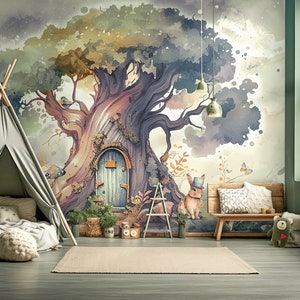 Carta da parati foresta magica, animali amichevoli della foresta, carta da parati albero, carta da parati bambini, acquerello, murale bosco