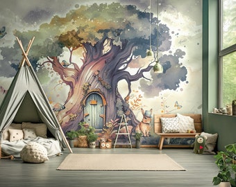 Watercolor Forest Animals Wallpaper Mural: Kids Room Decor
