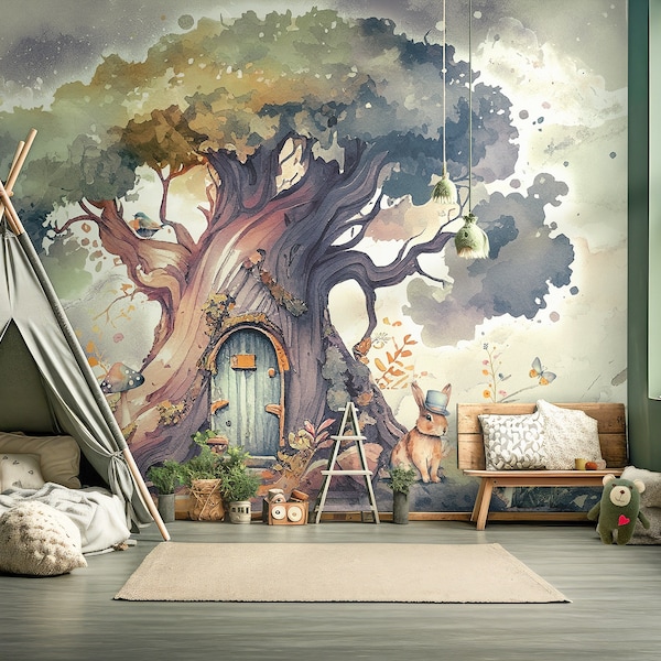 Zauberwald Wallpaper, Freundliche Waldtiere, Baum Wallpaper, Kinder Wallpaper, Aquarell, Wald Wandbild