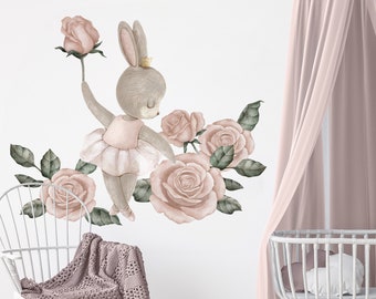 Niedliches Häschen Wandtattoo, Bunny Ballerina Wandaufkleber, Wandtattoo Rosen, Wandaufkleber Blumen, Wandaufkleber für ein Mädchen, Mädchen Kinderzimmer