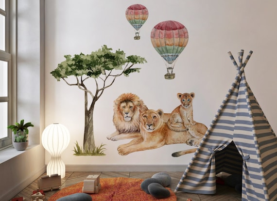 Adesivi da parete con leoni e alberi della savana, decorazioni per