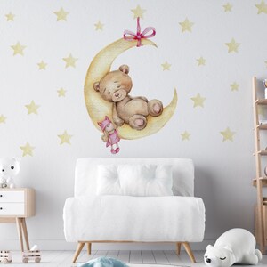 Teddy Bear Moon Wall Decal: Watercolor Forest Animals, Stars