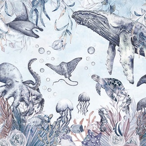 May include: A watercolor illustration of a blue and gray underwater scene with a whale, octopus, stingrays, jellyfish, seahorse, and turtle. The background is a light blue with white bubbles.