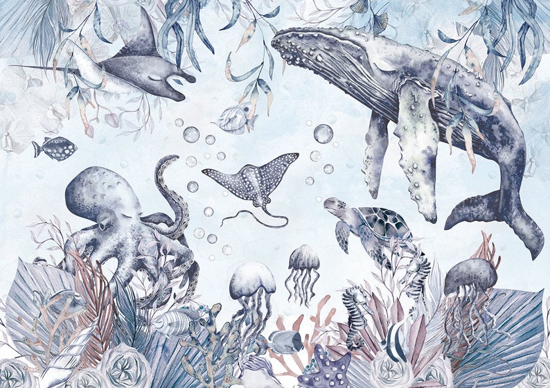 May include: A watercolor illustration of a blue and gray underwater scene with a whale, octopus, stingrays, jellyfish, seahorse, and turtle. The background is a light blue with white bubbles.