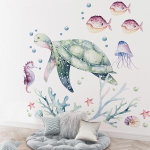 Adesivo da parete con tartarughe marine, motivo oceano ad acquerello, da staccare e attaccare, decorazione murale subacquea per la cameretta dei bambini