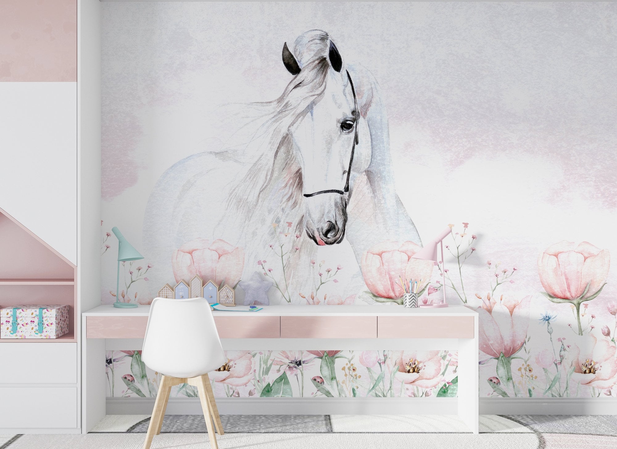 Floral Horse Wall Mural: Girl's Nursery Wallpaper