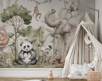 Papel pintado del sueño de Panda, papel pintado para niños, mural de pared tropical, papel pintado de la jungla salvaje, animales de la jungla, acuarela.