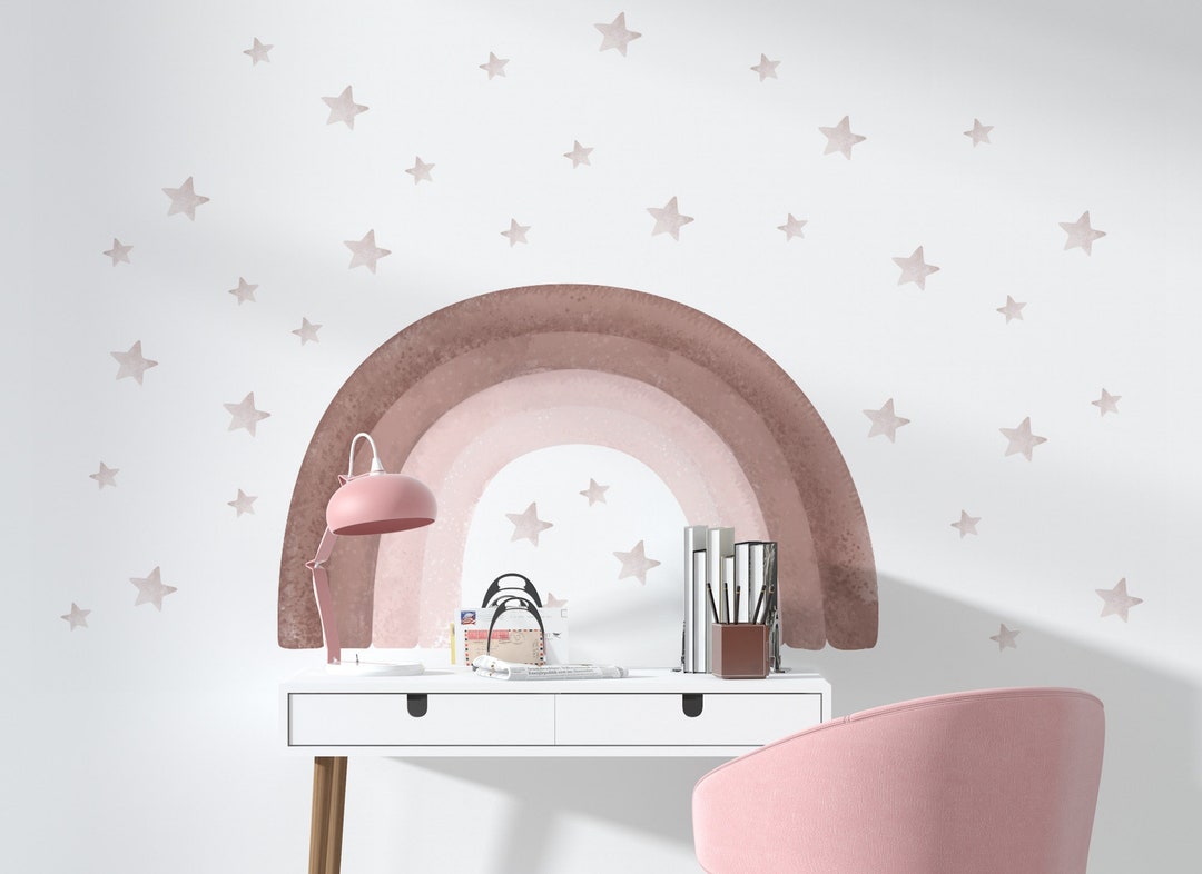 Pink Boho Rainbow Wall Decal With Watercolor Stars for Kids Room - Etsy