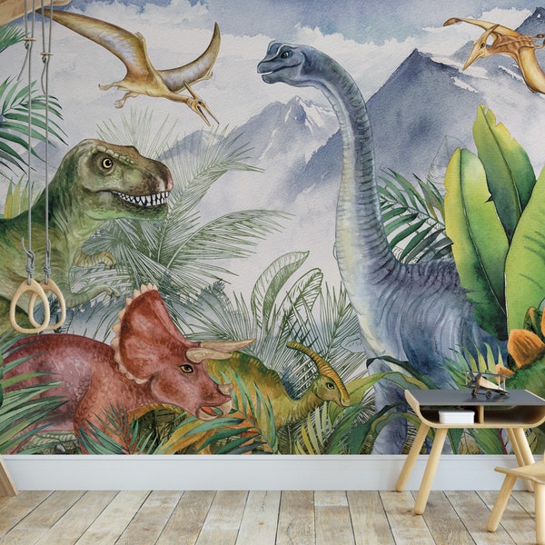 DINOSAUR Wallpaper, Children's Wallpaper, Wallpaper with Dinosaurs, Dinosaur World, Watercolor.