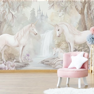 Carta da parati con unicorni, carta da parati per la cameretta delle bambine, carta da parati per la cameretta dei bambini, acquerelli dipinti a mano