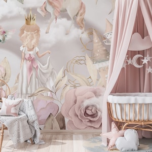 Carta da parati con piccoli principi, carta da parati per bambini, principesse con rose rosa, castello magico con unicorni fatati, carta da parati per ragazze.